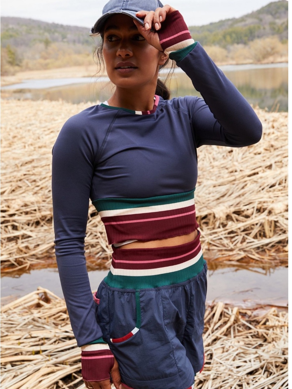 FP Movement Navy Long-Sleeve Crop Top with Multicolor Striped Waist